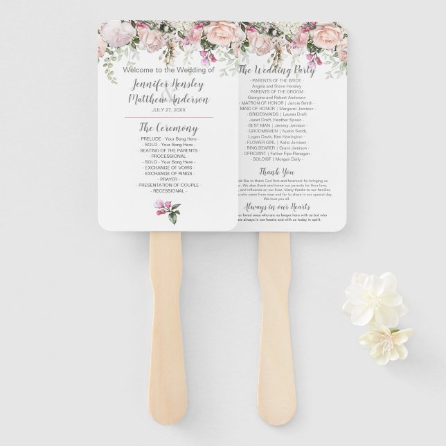 Sweetheart Blush Pink Roses Greenery Wedding Hand Fan (Front and Back)