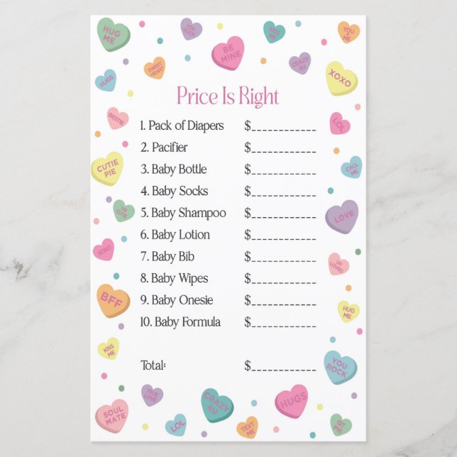 Sweetheart Candy Price is Right Baby Shower Game (Front)