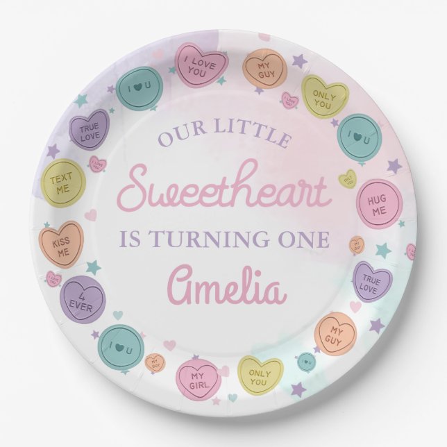 Sweetheart Candy Valentine Birthday Paper Plates (Front)