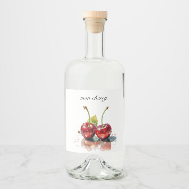 Sweetheart Cherries in Watercolor, custom Liquor Bottle Label (Front)