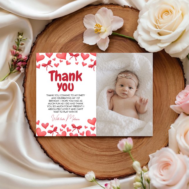 Sweetheart First Birthday Photo Thank You Card  (Creator Uploaded)