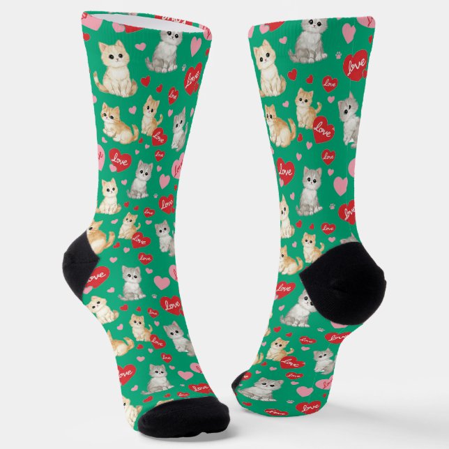 Sweetheart Kitten Valentine's Day Crew Socks (Angled)