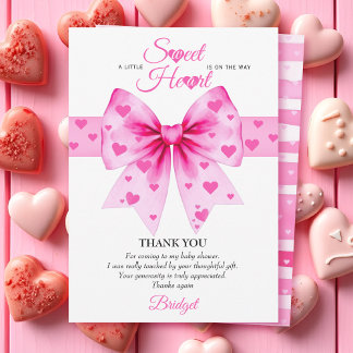 Sweetheart pink bow Valentines girl baby shower Thank You Card
