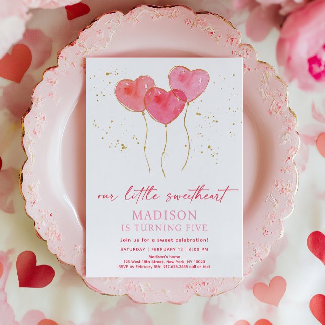 Sweetheart Pink Gold Heart Balloons Birthday Invitation (Creator Uploaded)