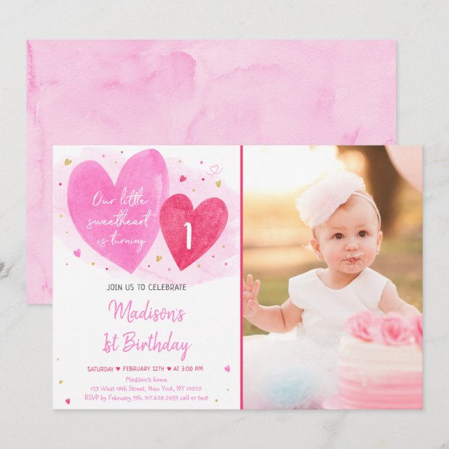 Sweetheart Pink Gold Hearts First Birthday Invitation (Front/Back)