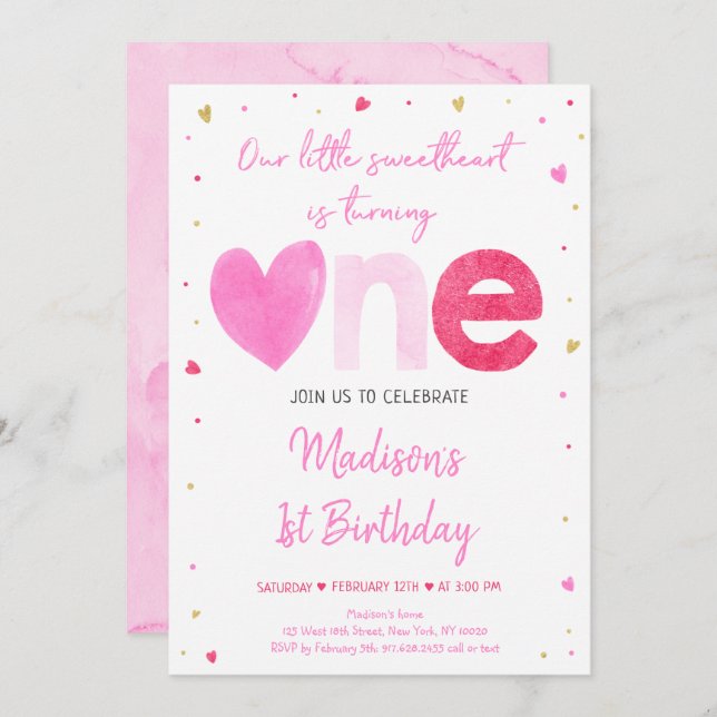 Sweetheart Pink Gold Hearts First Birthday Invitation (Front/Back)