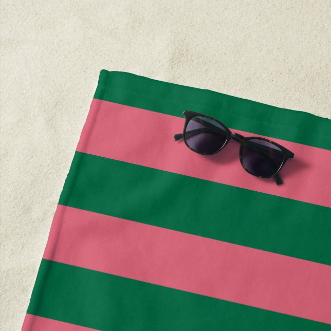 Sweetheart Pink Pickle Green Stripe Beach Towel (In Situ)