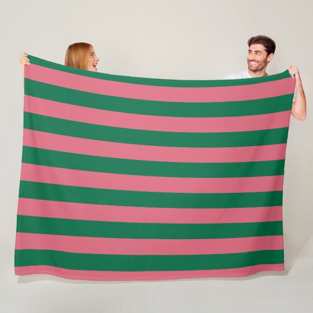 Sweetheart Pink Pickle Green Stripe Fleece Blanket (In Situ)