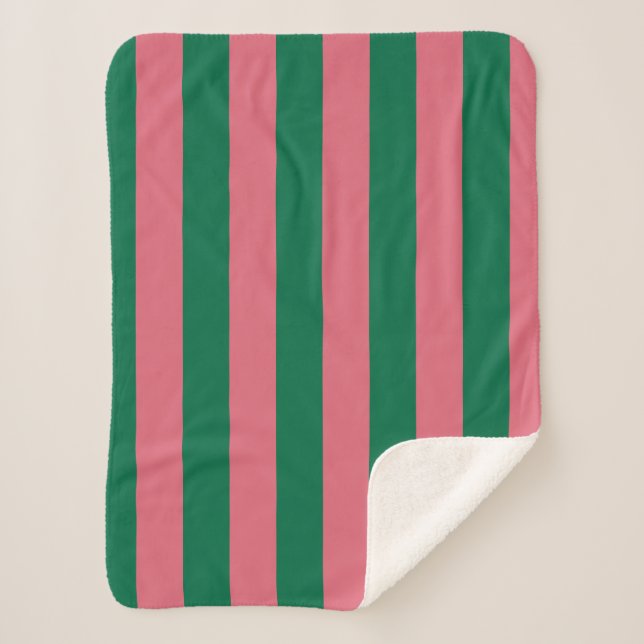 Sweetheart Pink Pickle Green Stripe Sherpa Blanket (Front)