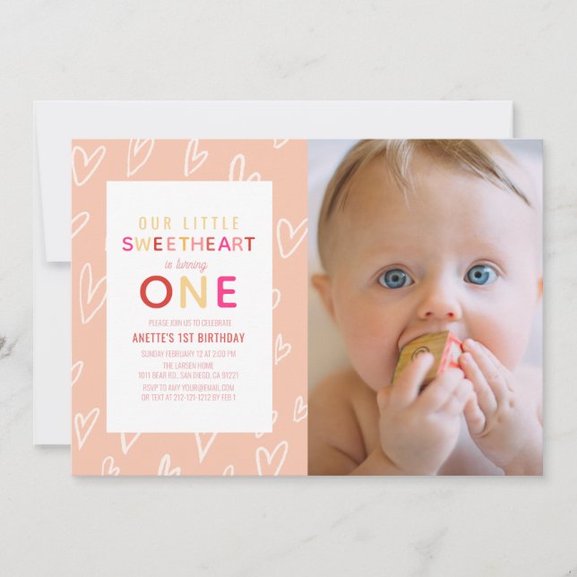Sweetheart Pink Valentine's Day 1st Birthday Photo Invitation (Front)