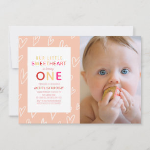 Sweetheart Pink Valentine's Day 1st Birthday Photo Invitation