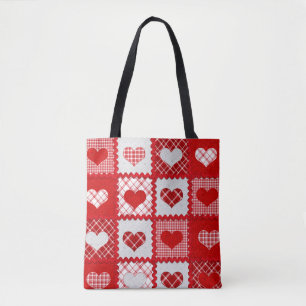 Sweetheart Red Plaids and Hearts Ric Rack Trim Fun Tote Bag