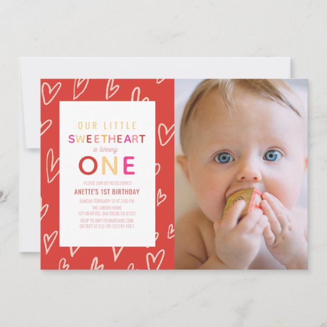 Sweetheart Red Valentine's Day 1st Birthday Photo Invitation (Front)