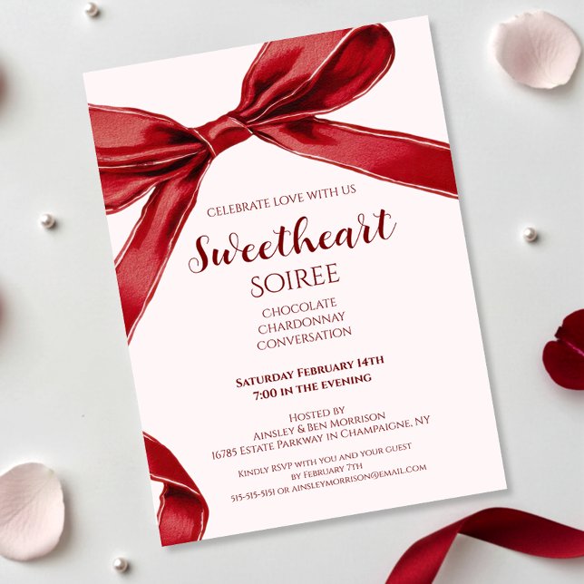 Sweetheart Soiree Elegant Bow Valentines Day Party Invitation (Creator Uploaded)