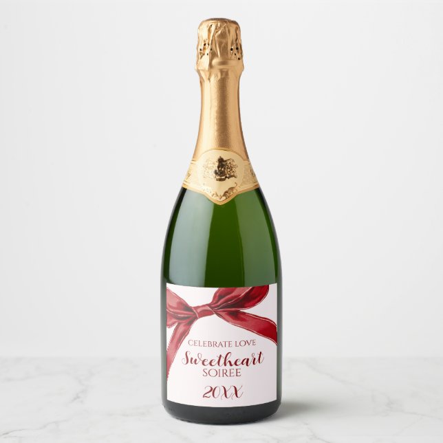 Sweetheart Soiree Elegant Bow Valentines Day Party Sparkling Wine Label (Front)