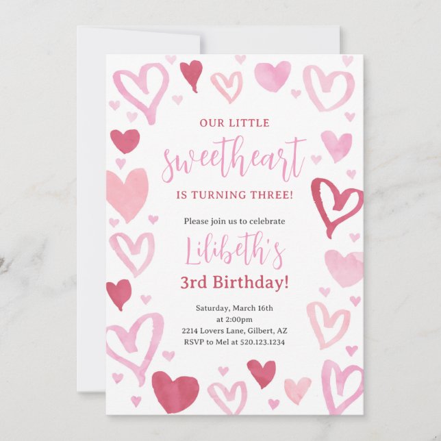 Sweetheart Valentines February Birthday Party Invitation (Front)