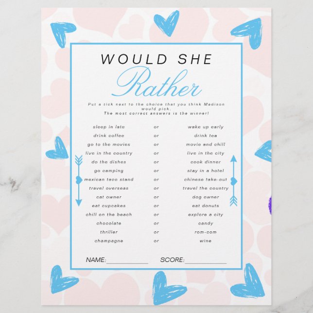 Sweetheart Would She Rather Baby Shower Game Flyer (Front)
