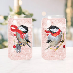 Sweethearts Couple Snowy Winter Chickadees  Can Glass