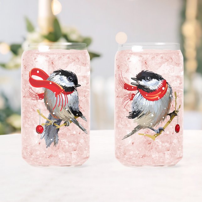 Sweethearts Couple Snowy Winter Chickadees  Can Glass (Insitu (Wedding))