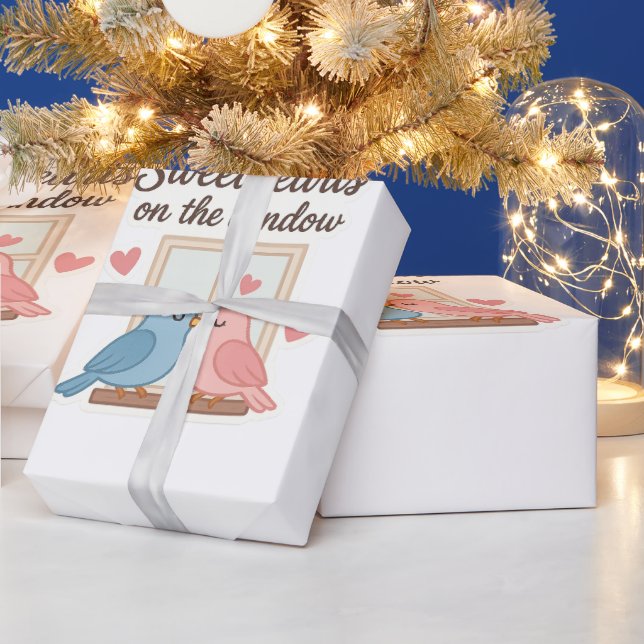 Sweethearts on the Window – Cute Lovebirds Sticker Wrapping Paper (Holidays)