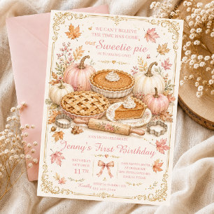 sweetie pie fall birthday pumpkin pink bow cake invitation