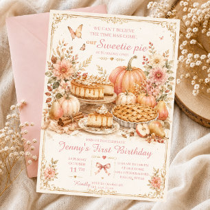 sweetie pie fall birthday pumpkin pink bow cake invitation