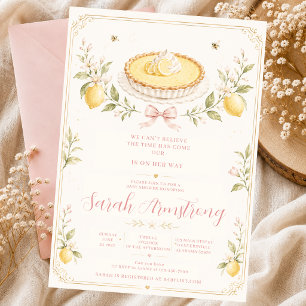 Sweetie Pie Lemon Pink Bow Citrus Green Floral Cre Invitation