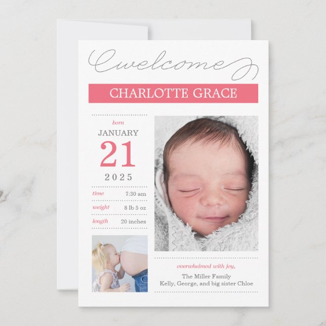 Sweetly Documented Birth Announcements - Pink (Front)