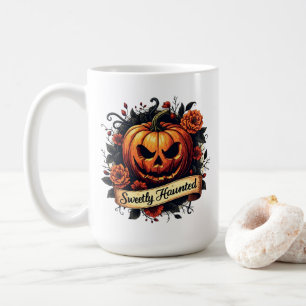 Sweetly Haunted Vintage Pumpkin   Floral Halloween Coffee Mug