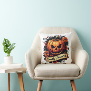 Sweetly Haunted Vintage Pumpkin Floral Halloween Cushion