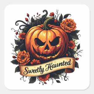 Sweetly Haunted Vintage Pumpkin Floral Halloween Square Sticker