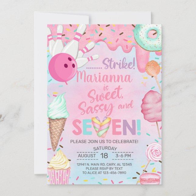 Sweets, Candy and Bowling girl 7th birthday invite (Front)