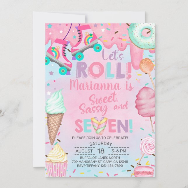 Sweets, Candy and Skating girl 7th birthday invite (Front)