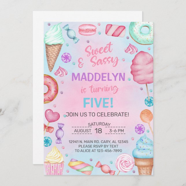 Sweets, candy, ANY AGE girl birthday invitation. Invitation (Front/Back)