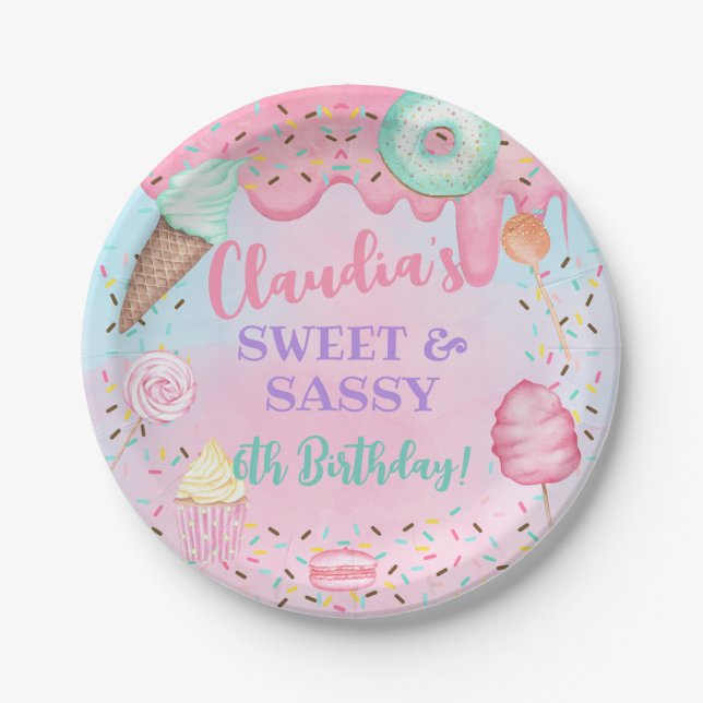 Sweets Candy girl birthday paper plates, ANY AGE. Plate (Front)