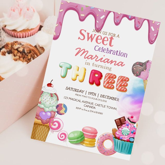 Sweets Celebration Ice Cream Cupcakes 3rd Birthday Invitation (Creator Uploaded)