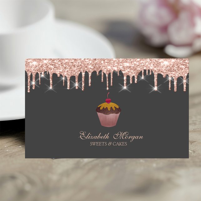  Sweets Cupcake Cherry Rose Gold Drips Bakery  Business Card (Creator Uploaded)