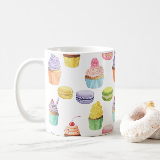 Sweets pattern cupcakes and macaroons coffee mug (With Donut)