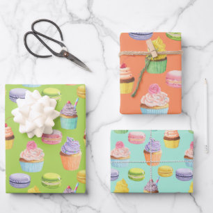 Sweets pattern cupcakes and macaroons wrapping paper sheet