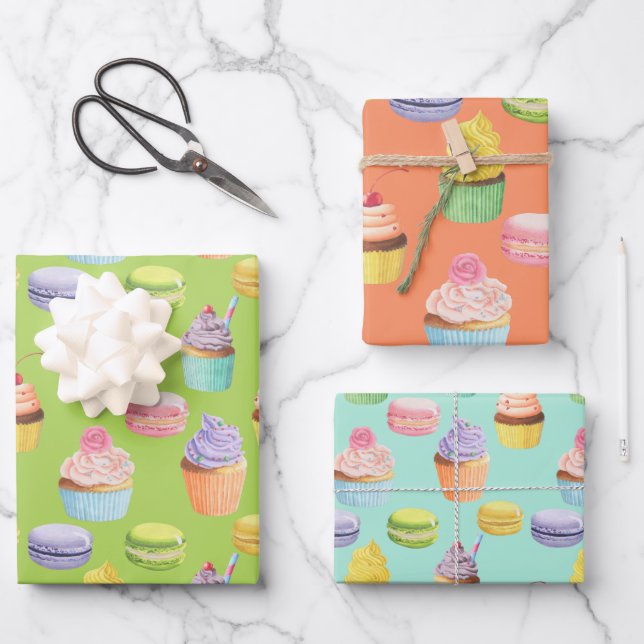Sweets pattern cupcakes and macaroons wrapping paper sheet (Front)