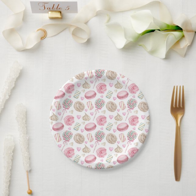 Sweets Pink Watercolor Pattern  Paper Plate (Wedding)