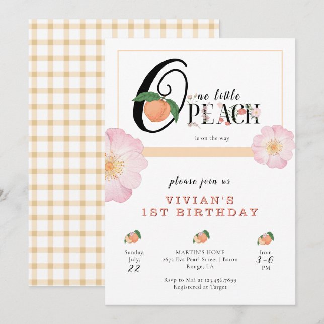 Sweety Little Peach 1st Birthday Invitation (Front/Back)