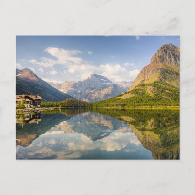 Swiftcurrent Lake with Many Glacier hotel and Postcard (Front)