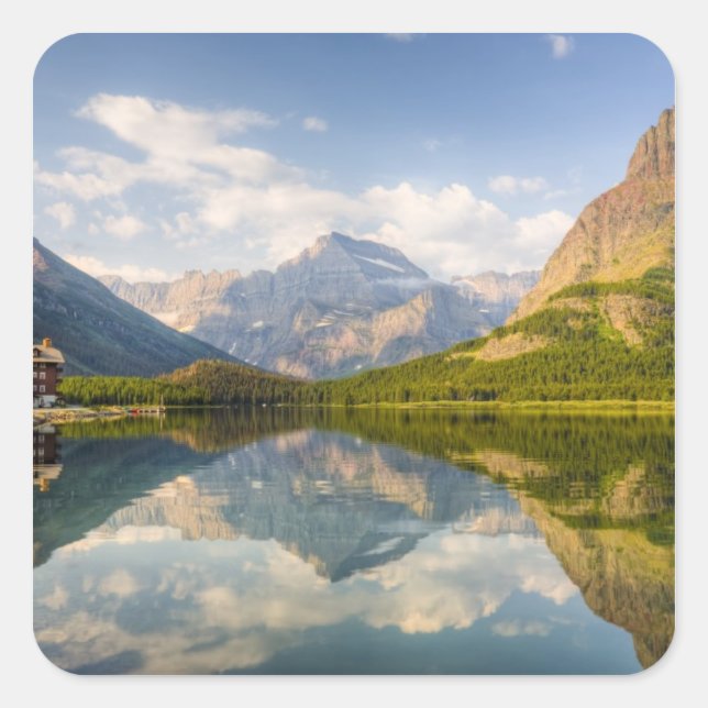 Swiftcurrent Lake with Many Glacier hotel and Square Sticker (Front)