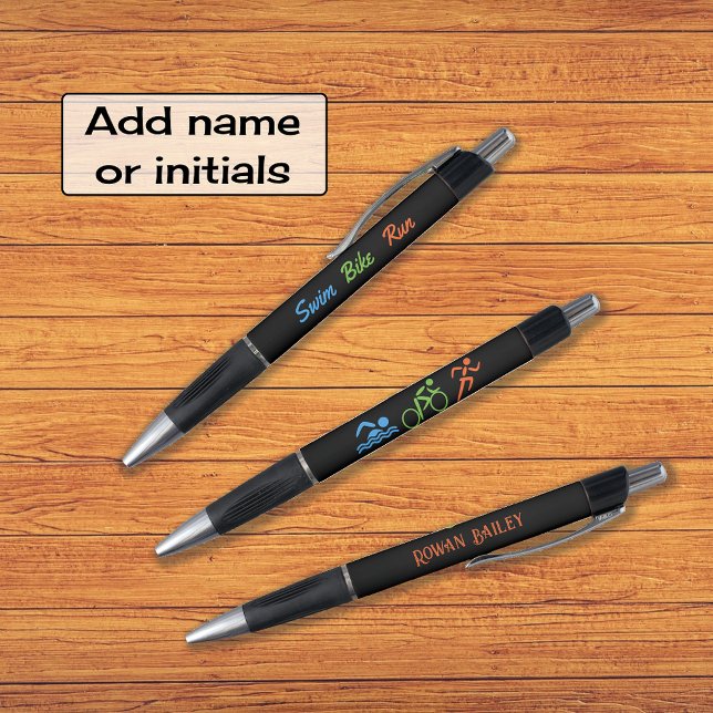 Swim bike run add name triathlon black (Three printed elements on a single pen)