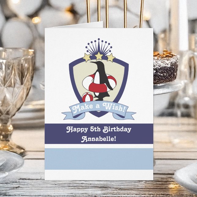 Swim Club Crest Cute Penguin Kids Birthday Card (Creator Uploaded)