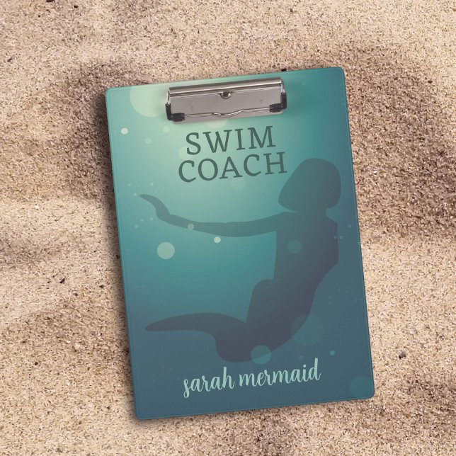 Swim Coach Teal Modern Mermaid Clipboard (Perfect for Swim Coaches. Add your name to this mermaid clipboard)
