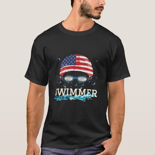 Swim Swimmer Swimming Sports Usa Flag Cap T-Shirt (Front)