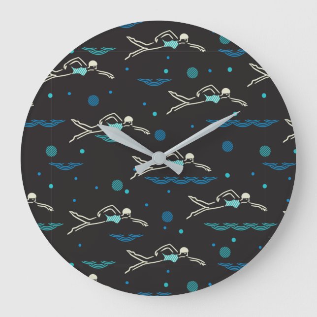 Swim Swimming Swimmers Pattern Black Ver Large Clock (Front)