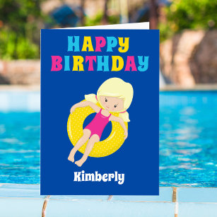 Swim Team Blonde Girl Cute Custom Happy Birthday Card